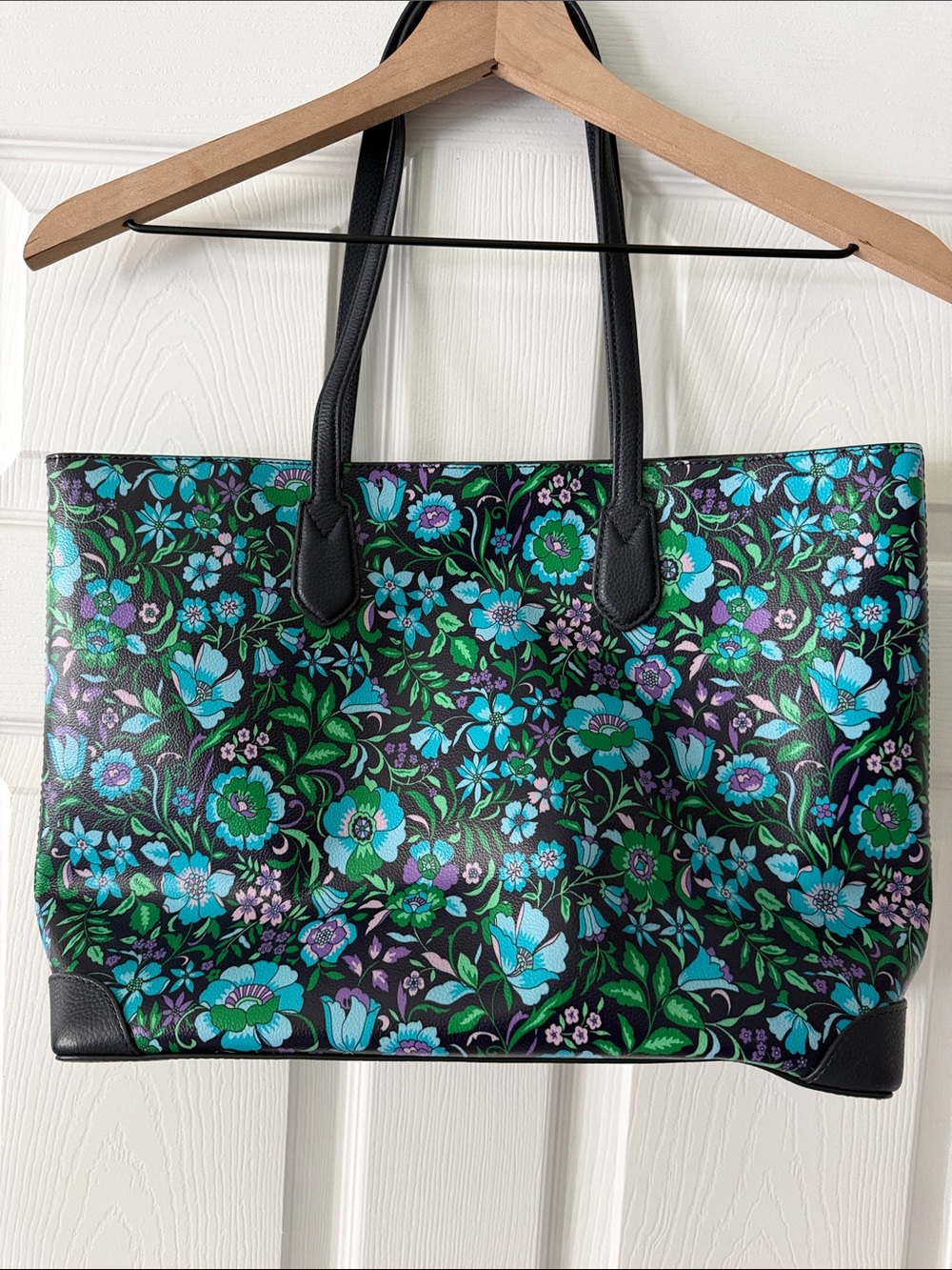 Talbots Black Floral Tote with Teal, Green & Purple Flowers